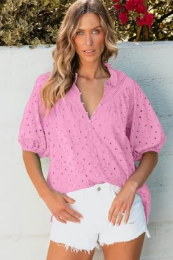 Sale Dear-Lover Flower Embroidered Hollow-out Puff Sleeve Blouse Bonbon