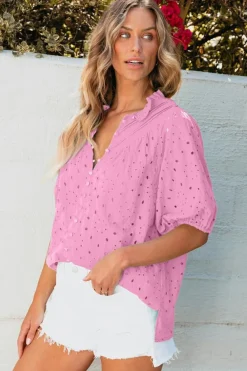 Sale Dear-Lover Flower Embroidered Hollow-out Puff Sleeve Blouse Bonbon