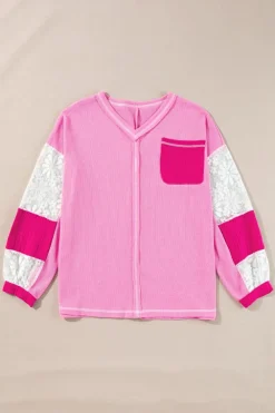 Sale Dear-Lover Lace Floral Patchwork Sleeve Stitching V Neck Rib Knit Blouse Bonbon