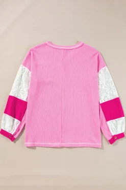 Sale Dear-Lover Lace Floral Patchwork Sleeve Stitching V Neck Rib Knit Blouse Bonbon