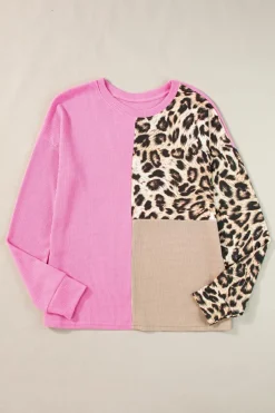 Hot Dear-Lover Leopard Colorblock Waffle Knit Top Bonbon