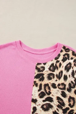 Hot Dear-Lover Leopard Colorblock Waffle Knit Top Bonbon