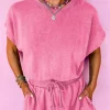 Sale Dear-Lover Mineral Wash Drawstring Waist Hollow Out Back Short Sleeve Romper Bonbon