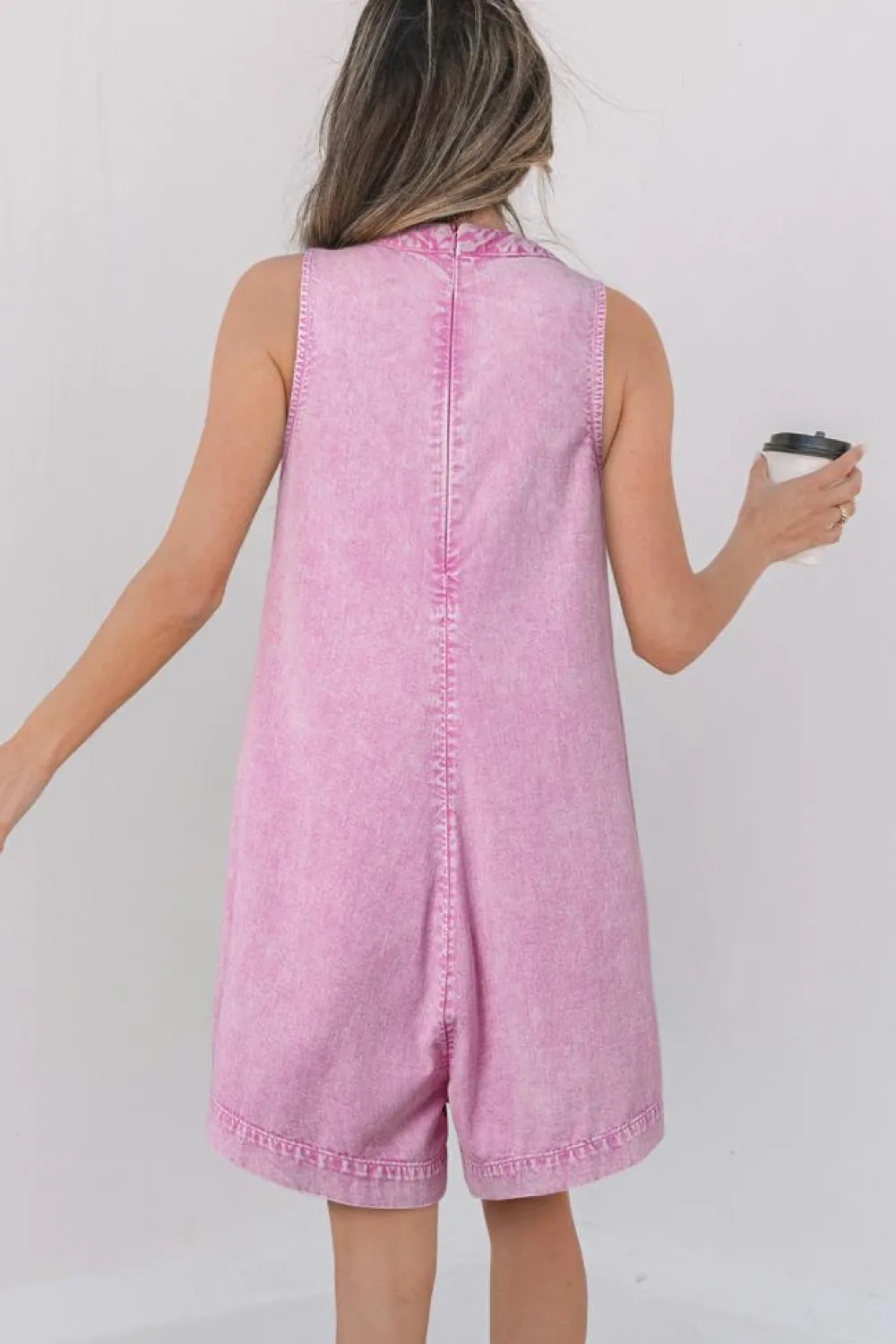 Sale Dear-Lover Mineral Wash Pleated Bust V Neck Sleeveless Denim Romper Bonbon