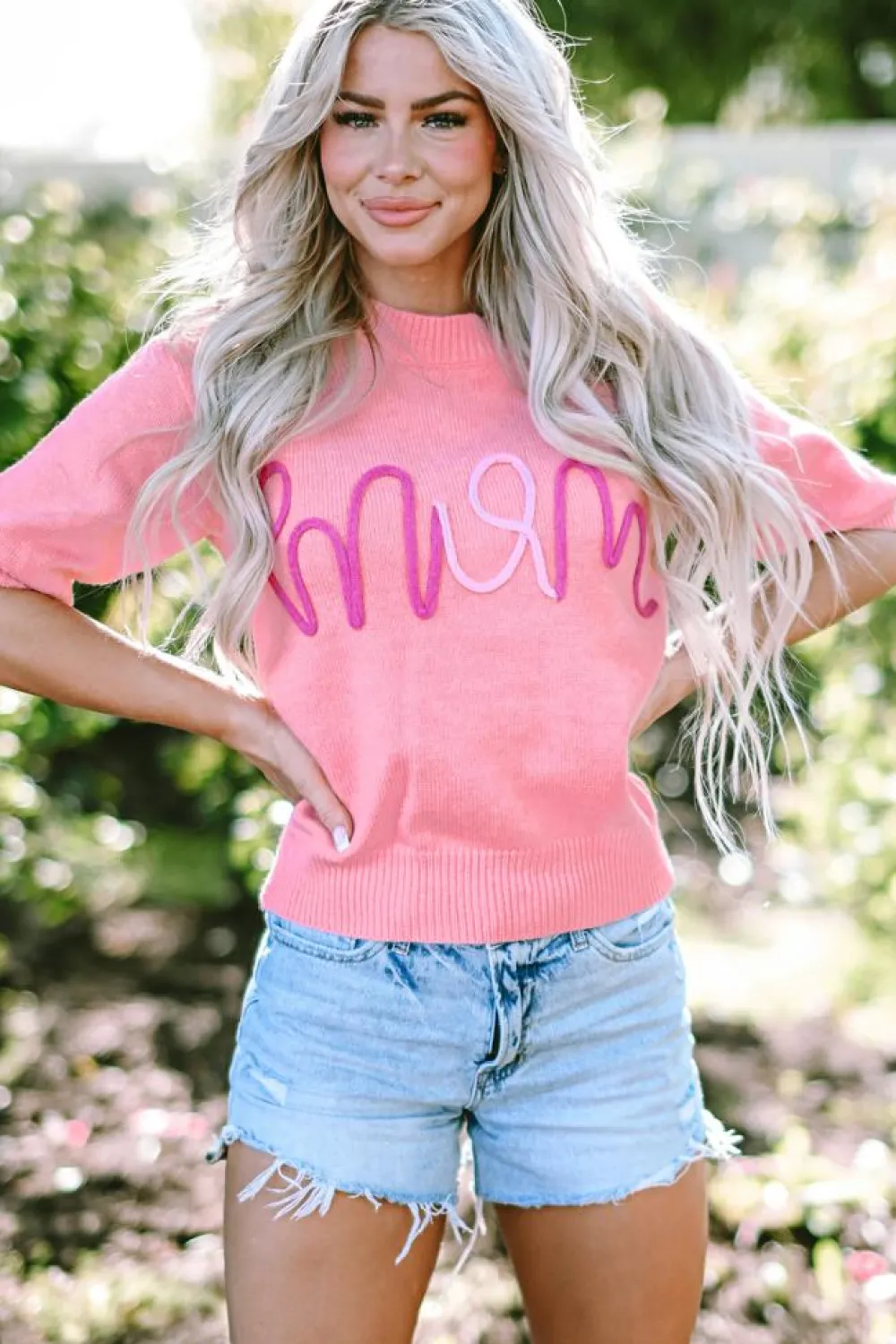 Outlet Dear-Lover Mom Tinsel Front Short Sleeve Sweater Bonbon