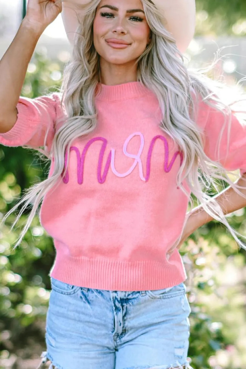 Outlet Dear-Lover Mom Tinsel Front Short Sleeve Sweater Bonbon
