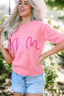Outlet Dear-Lover Mom Tinsel Front Short Sleeve Sweater Bonbon
