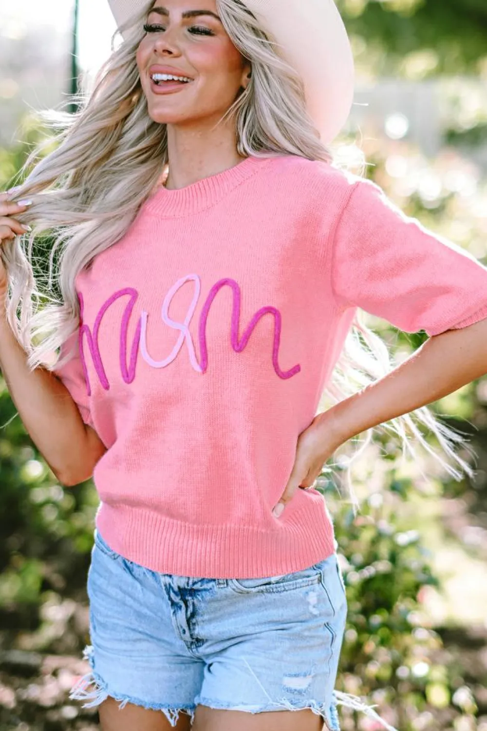 Outlet Dear-Lover Mom Tinsel Front Short Sleeve Sweater Bonbon
