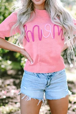 Outlet Dear-Lover Mom Tinsel Front Short Sleeve Sweater Bonbon