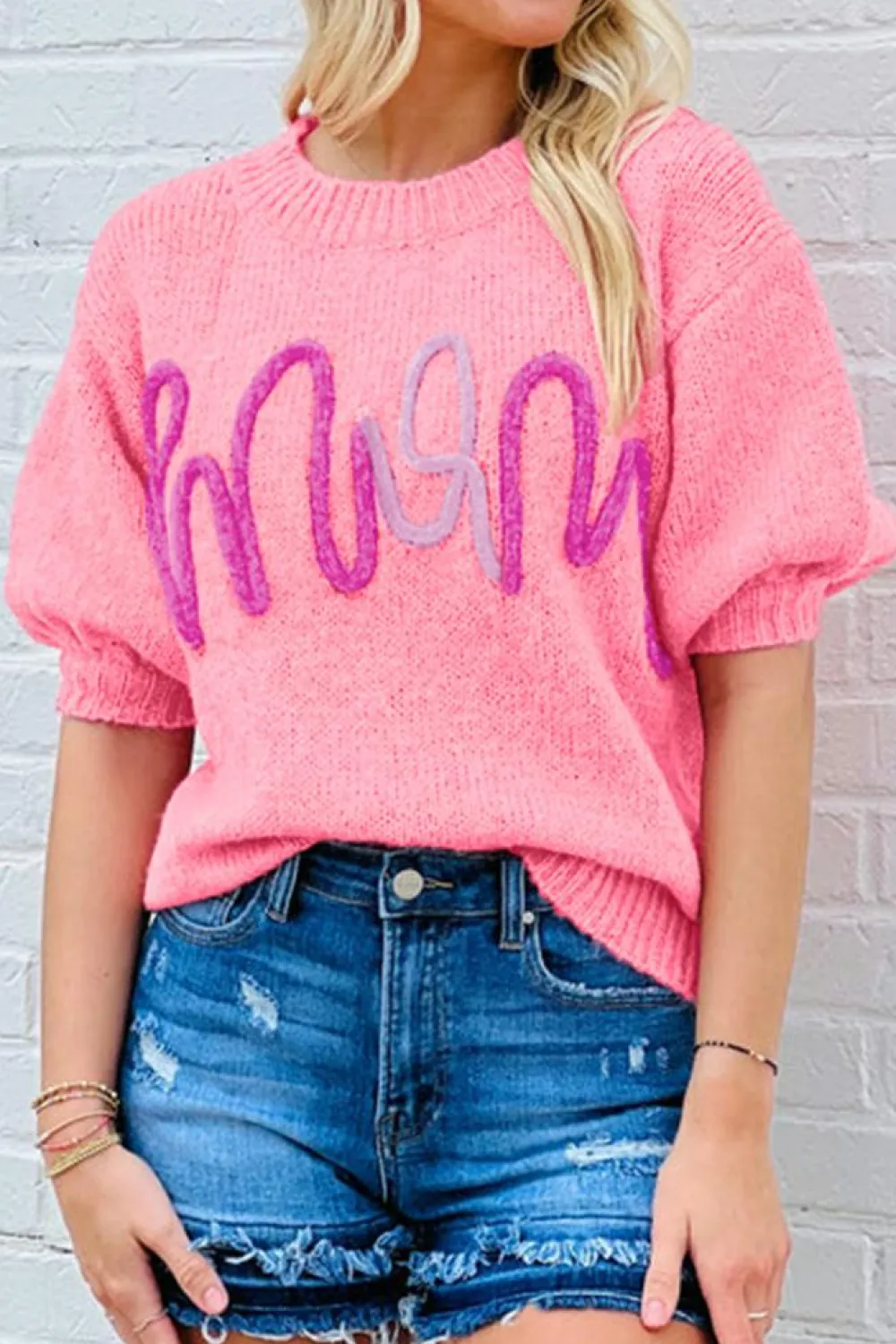 Outlet Dear-Lover Mom Tinsel Front Short Sleeve Sweater Bonbon
