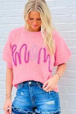 Outlet Dear-Lover Mom Tinsel Front Short Sleeve Sweater Bonbon