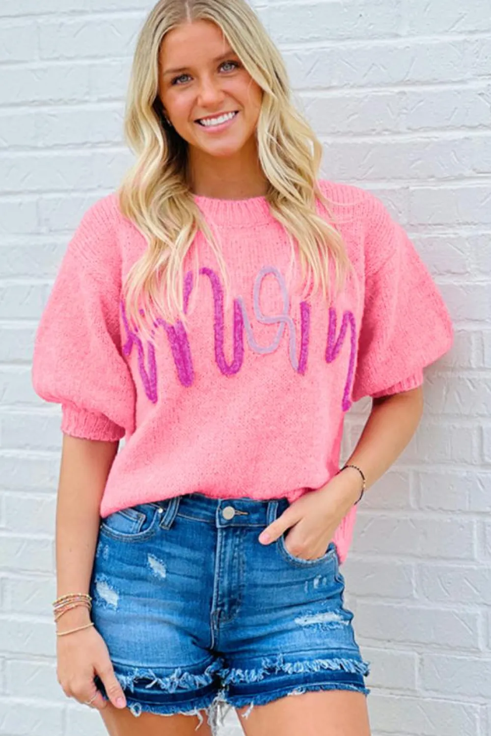 Outlet Dear-Lover Mom Tinsel Front Short Sleeve Sweater Bonbon