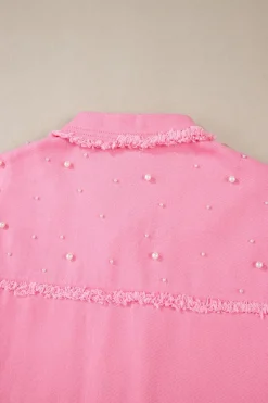 New Dear-Lover Pearl Beaded Raw Hem Button Up Denim Jacket Bonbon