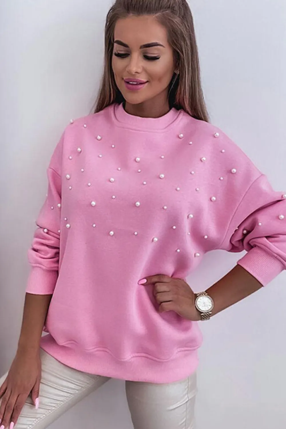 Clearance Dear-Lover Pearl Detail Ribbed Crew Neck Sweatshirt Bonbon