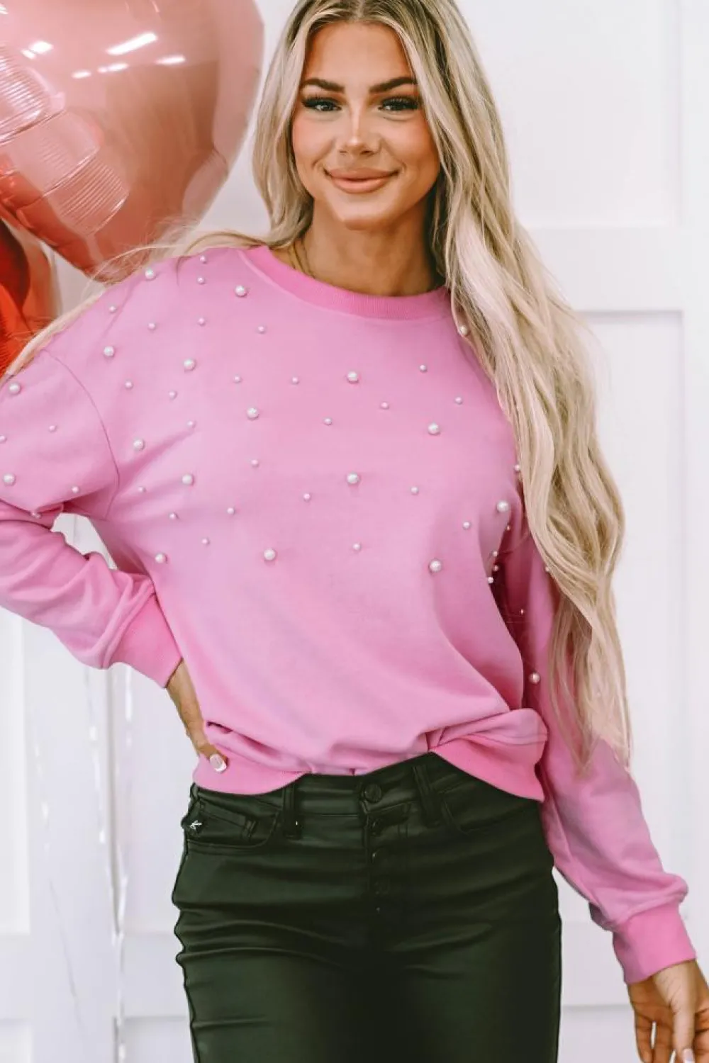 Clearance Dear-Lover Pearl Detail Ribbed Crew Neck Sweatshirt Bonbon
