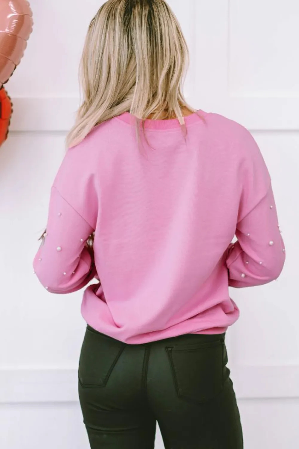 Clearance Dear-Lover Pearl Detail Ribbed Crew Neck Sweatshirt Bonbon