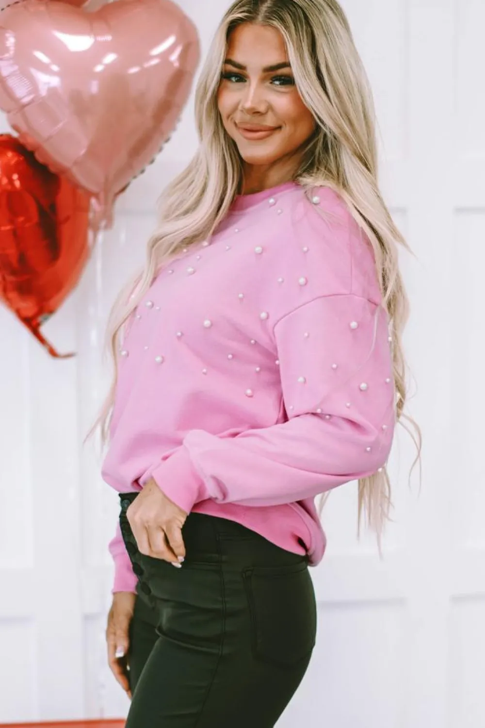 Clearance Dear-Lover Pearl Detail Ribbed Crew Neck Sweatshirt Bonbon