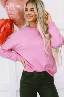 Clearance Dear-Lover Pearl Detail Ribbed Crew Neck Sweatshirt Bonbon