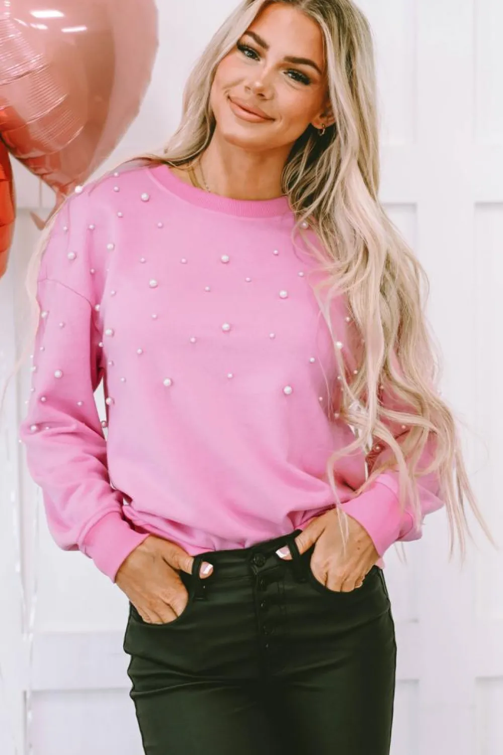 Clearance Dear-Lover Pearl Detail Ribbed Crew Neck Sweatshirt Bonbon