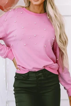 Clearance Dear-Lover Pearl Detail Ribbed Crew Neck Sweatshirt Bonbon