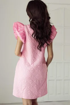 Sale Dear-Lover Pleated Splicing Sleeve Textured V Neck Shift Dress Bonbon