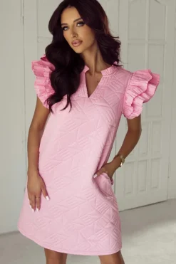 Sale Dear-Lover Pleated Splicing Sleeve Textured V Neck Shift Dress Bonbon