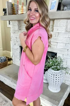 Clearance Dear-Lover Quarter Zip Pocketed Cap Sleeve Sweatshirt Dress Bonbon