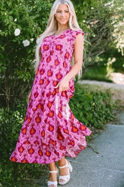 Sale Dear-Lover Retro Print Twisted Front Ruffled Sleeve Maxi Dress Bonbon