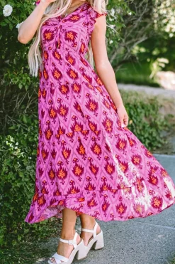 Sale Dear-Lover Retro Print Twisted Front Ruffled Sleeve Maxi Dress Bonbon