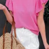 Discount Dear-Lover Ribbed Mock Neck Ruffled Short Sleeve Sweater Bonbon