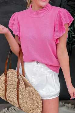 Discount Dear-Lover Ribbed Mock Neck Ruffled Short Sleeve Sweater Bonbon