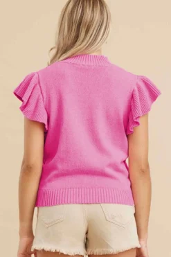 Discount Dear-Lover Ribbed Mock Neck Ruffled Short Sleeve Sweater Bonbon
