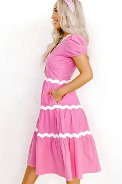 Best Dear-Lover Ric Rac Trim Short Puff Sleeve Flowy Midi Dress Bonbon