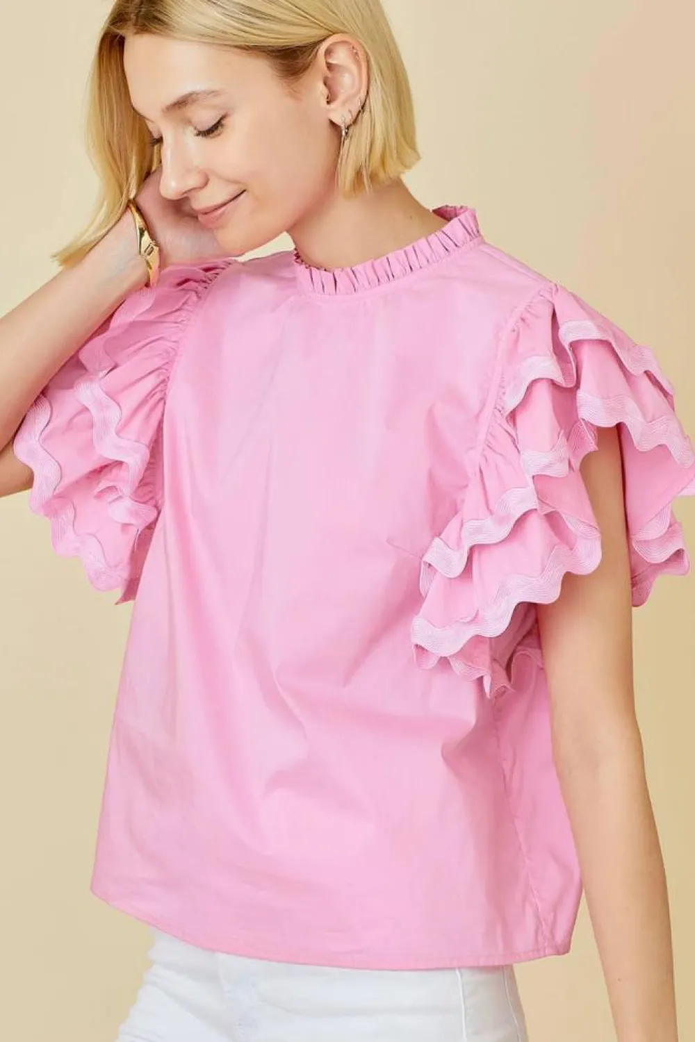 Clearance Dear-Lover Ricrac Ruffled Sleeve Frilled Collar Blouse Bonbon