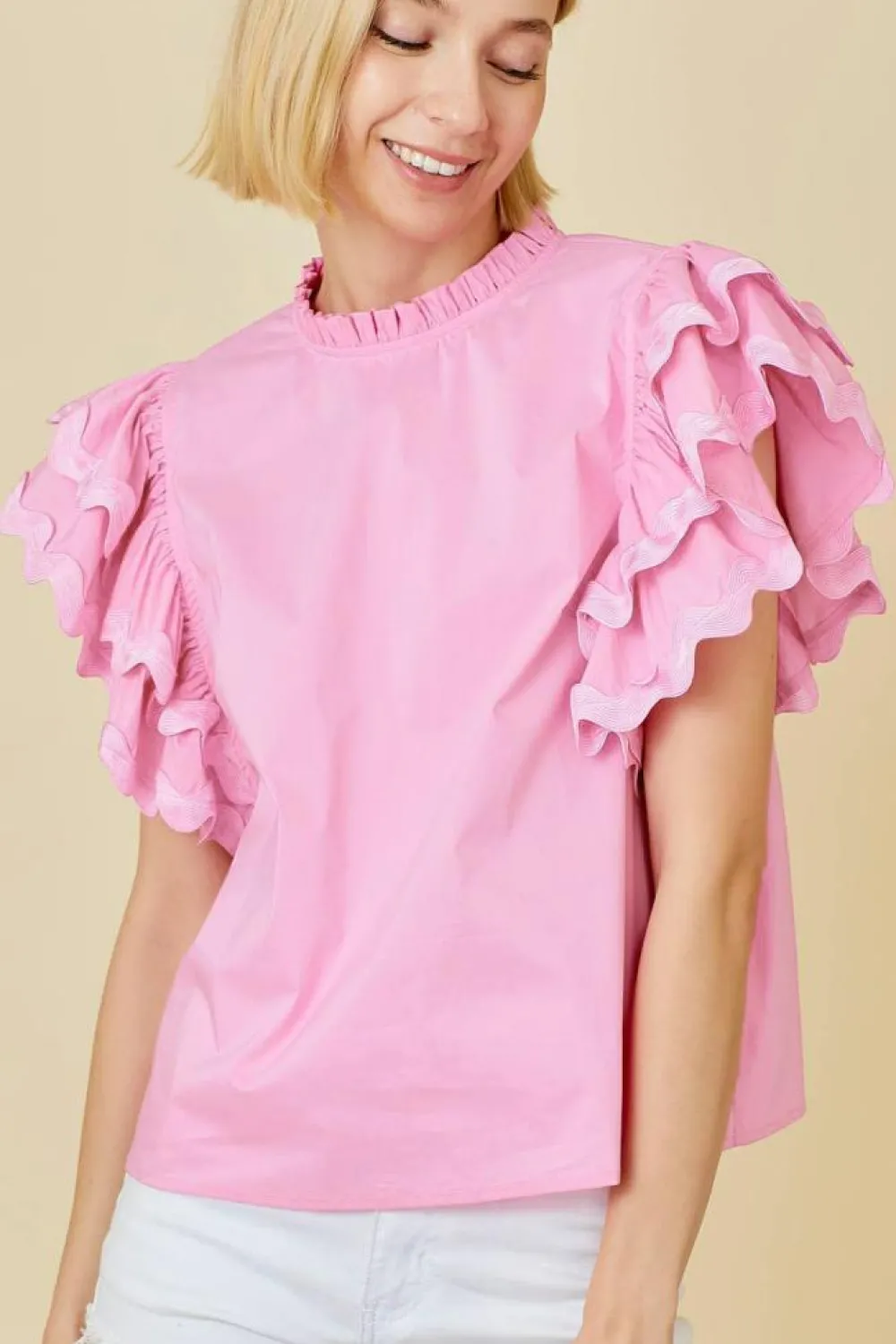 Clearance Dear-Lover Ricrac Ruffled Sleeve Frilled Collar Blouse Bonbon