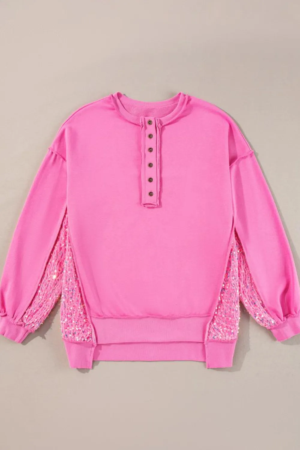 Outlet Dear-Lover Sequin Patchwork High Low Hem Henley Sweatshirt Bonbon