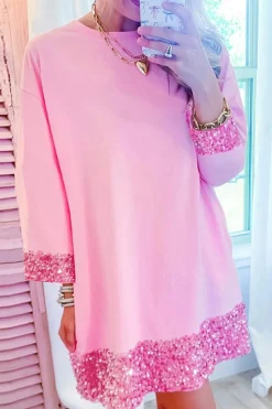 Sale Dear-Lover Sequin Trim Bracelet Sleeve Shift Crew Neck Short Dress Bonbon