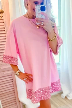 Sale Dear-Lover Sequin Trim Bracelet Sleeve Shift Crew Neck Short Dress Bonbon