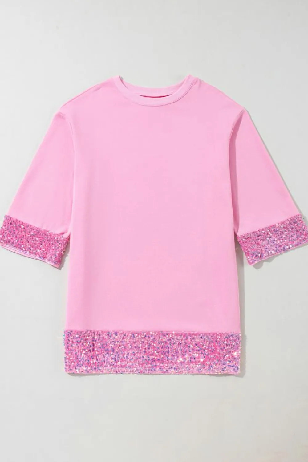 Sale Dear-Lover Sequin Trim Bracelet Sleeve Shift Crew Neck Short Dress Bonbon