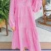 Sale Dear-Lover Solid Collared V Neck Tiered Loose Fit Midi Dress Bonbon