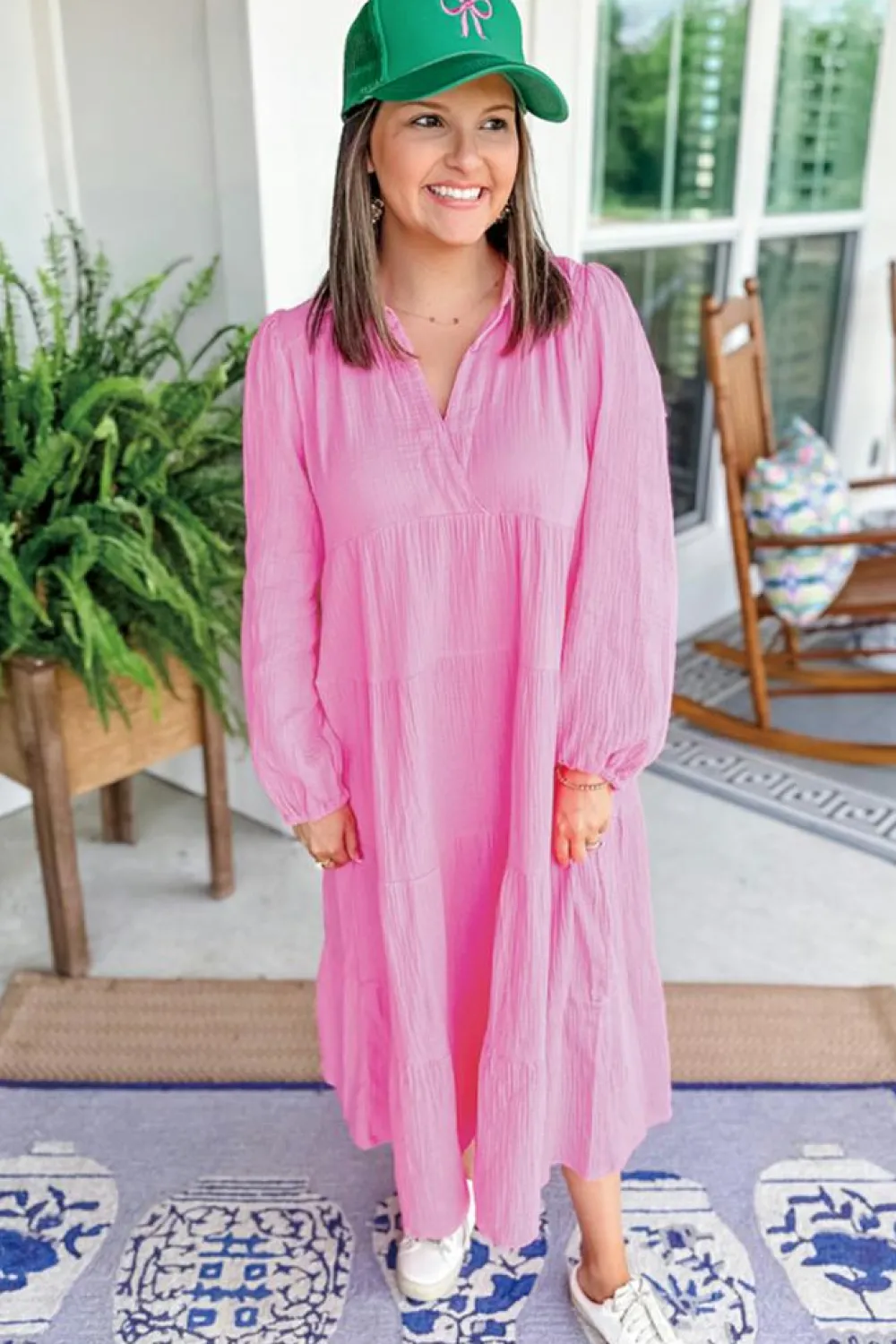 Sale Dear-Lover Solid Collared V Neck Tiered Loose Fit Midi Dress Bonbon