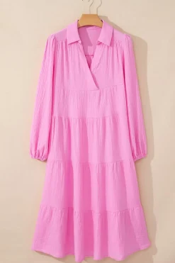 Sale Dear-Lover Solid Collared V Neck Tiered Loose Fit Midi Dress Bonbon