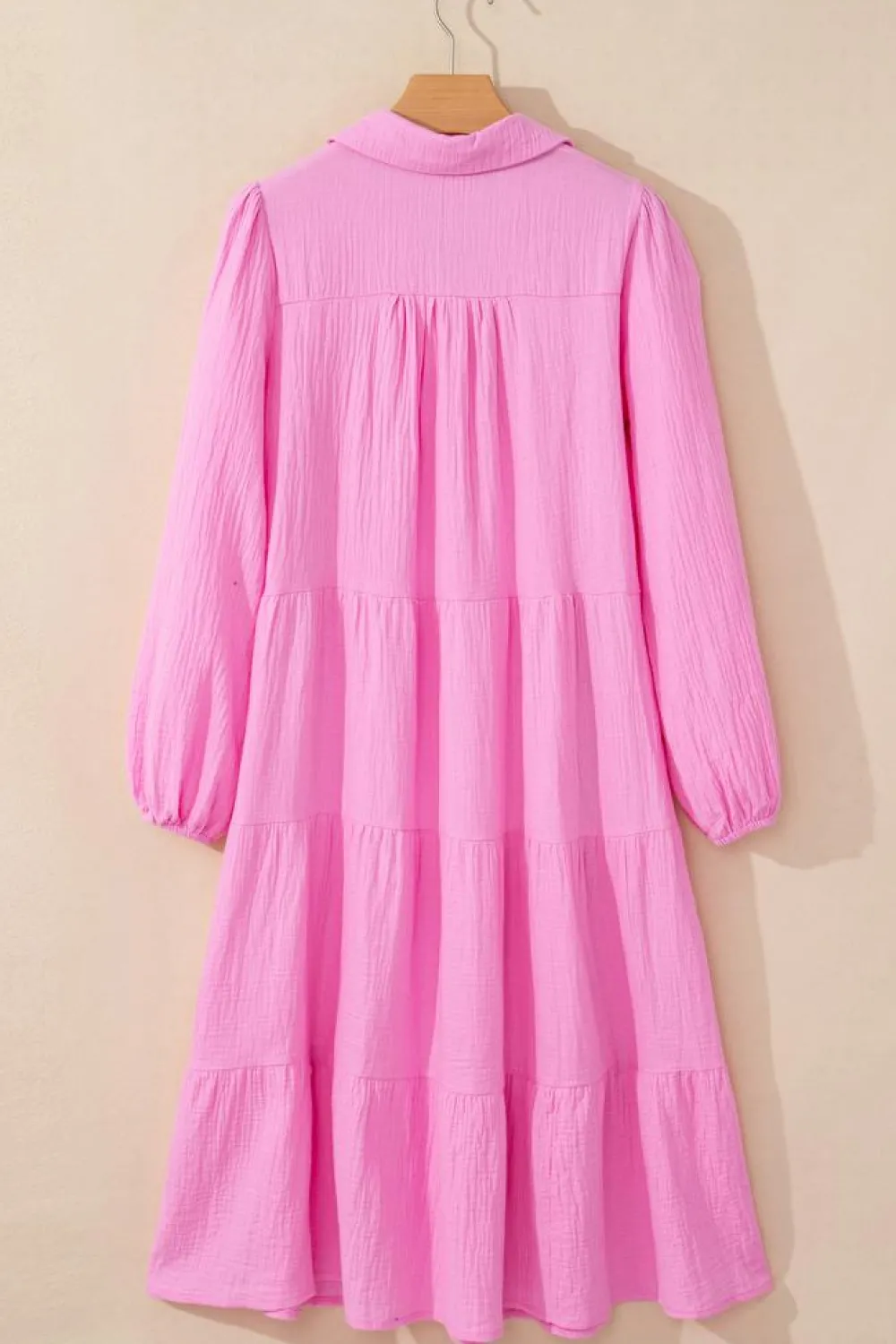 Sale Dear-Lover Solid Collared V Neck Tiered Loose Fit Midi Dress Bonbon