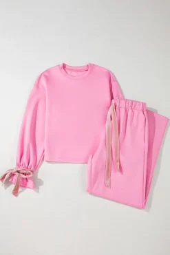 Best Dear-Lover Solid Color Drawstring Long Sleeve Top and Pants Set Bonbon
