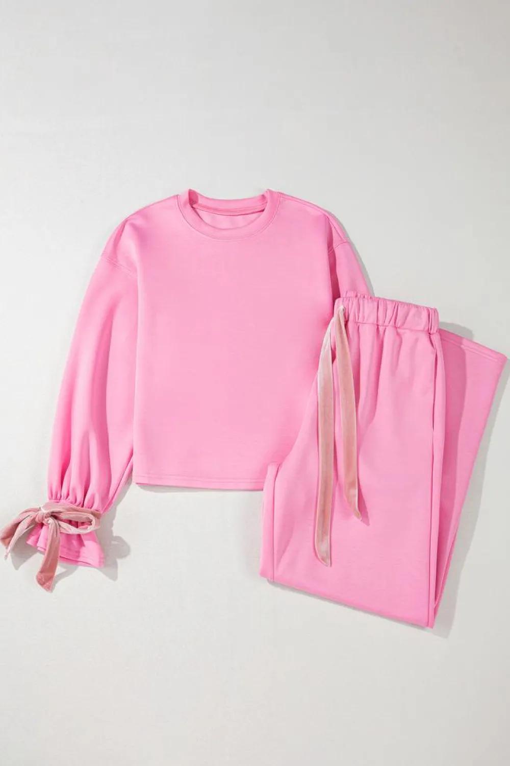 Best Dear-Lover Solid Color Drawstring Long Sleeve Top and Pants Set Bonbon