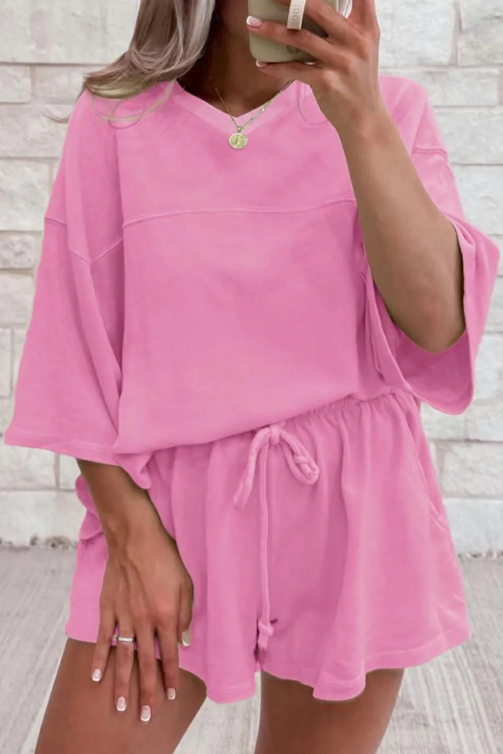 Clearance Dear-Lover Solid Loose V Neck Half Sleeve Tee and Shorts Bonbon