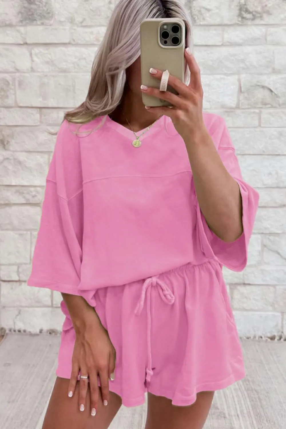 Clearance Dear-Lover Solid Loose V Neck Half Sleeve Tee and Shorts Bonbon