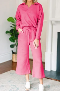 Online Dear-Lover Solid Textured Collared V Neck Top and Wide Leg Pants Set Bonbon
