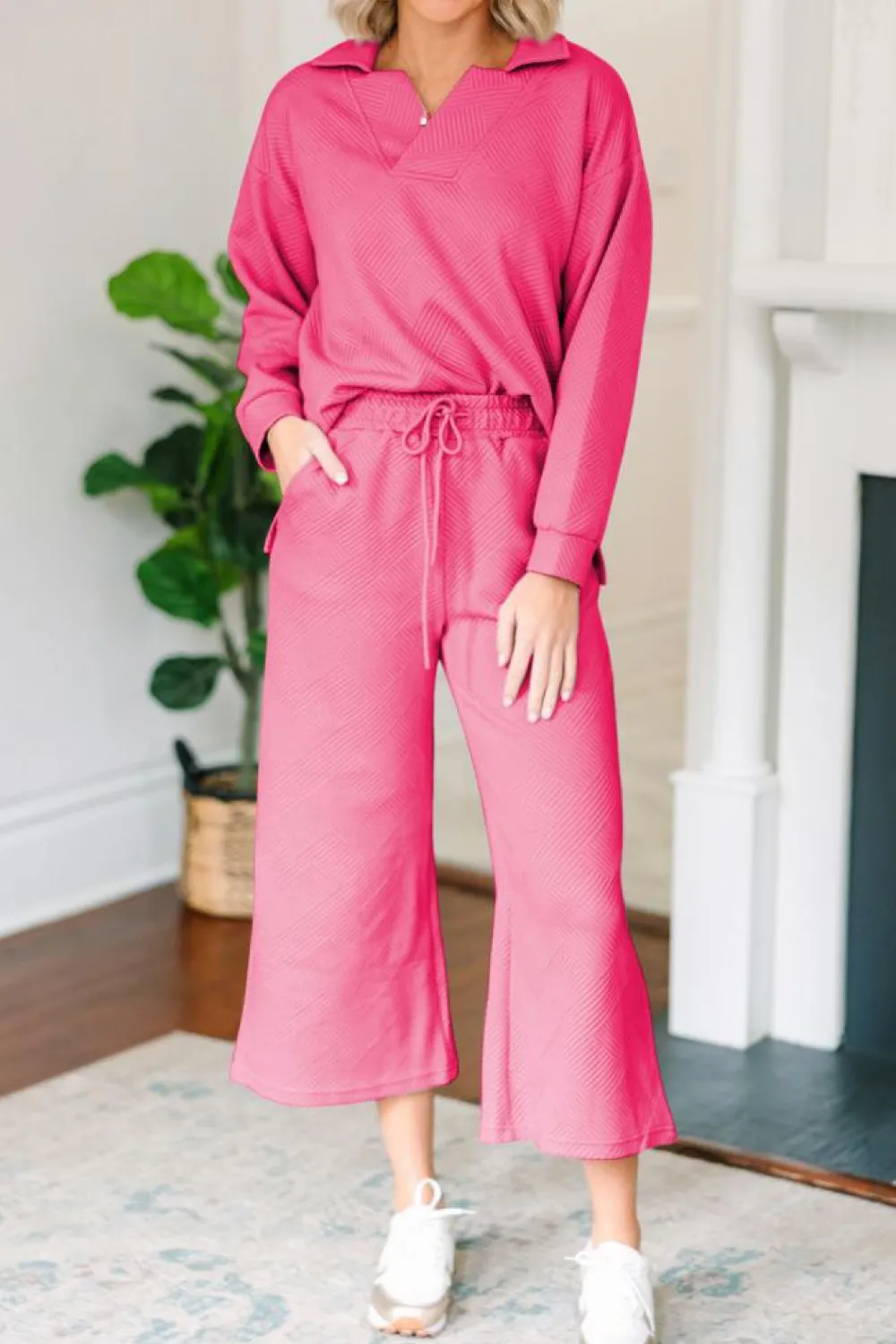 Online Dear-Lover Solid Textured Collared V Neck Top and Wide Leg Pants Set Bonbon