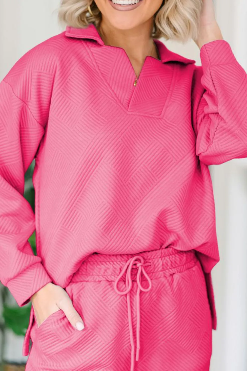 Online Dear-Lover Solid Textured Collared V Neck Top and Wide Leg Pants Set Bonbon